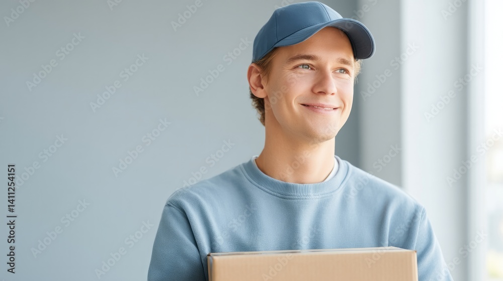 young courier in uniform holds package with confident smile minimalist setting plenty of copy space young courier in uniform holds package with confident smile minimalist setting plenty of copy space