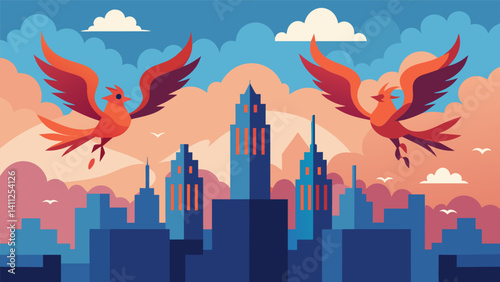 I watched as the eVTOLs flew in perfect sync forming a intricate dance in the sky above the cityscape. It was both beautiful and aweinspiring.. Vector illustration