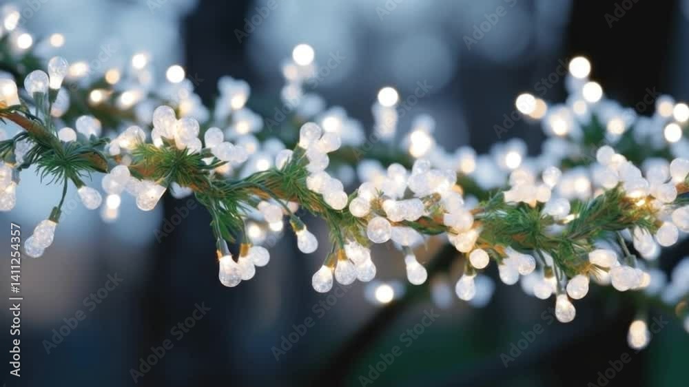 Twinkling Lights on Evergreen Branch: A close-up shot showcasing a string of warm white fairy lights wrapped around a green evergreen branch. The lights create a soft, whimsical glow.