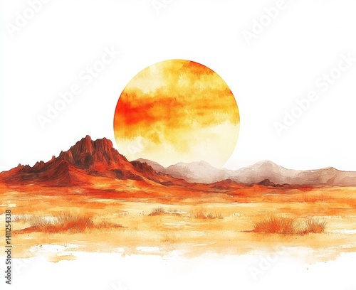 Desert sunset painting arid landscape watercolor art dramatic viewpoint natural beauty isolate on white background 