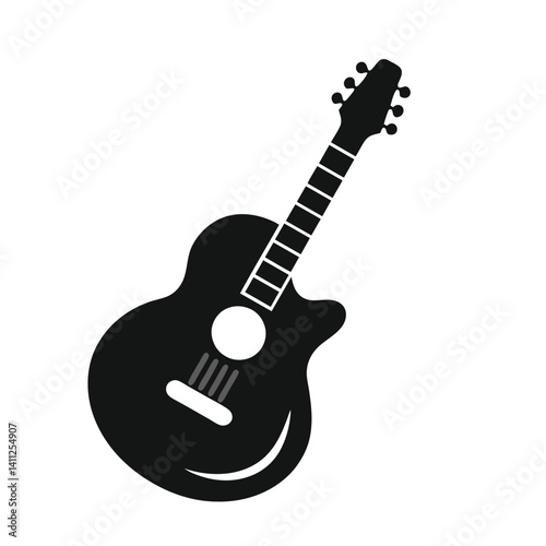 Acoustic, electric, and bass guitars, musical string instruments of wood and black, are isolated on white for music and play