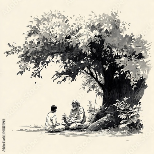 Ink Sketch Under Tree – Guru Sharing Wisdom in Nature