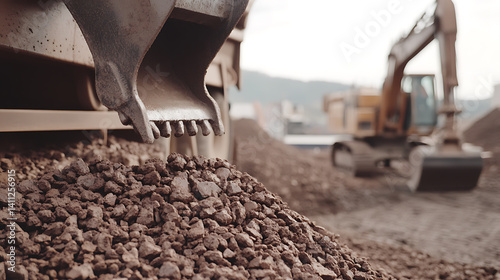 Excavator operator loading mined minerals into a truck at a mining site. Featuring loading and transportation