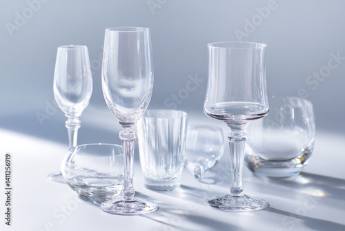 artfully arranged glassware collection in natural lighting showcasing elegant transparency and sparkling refractions