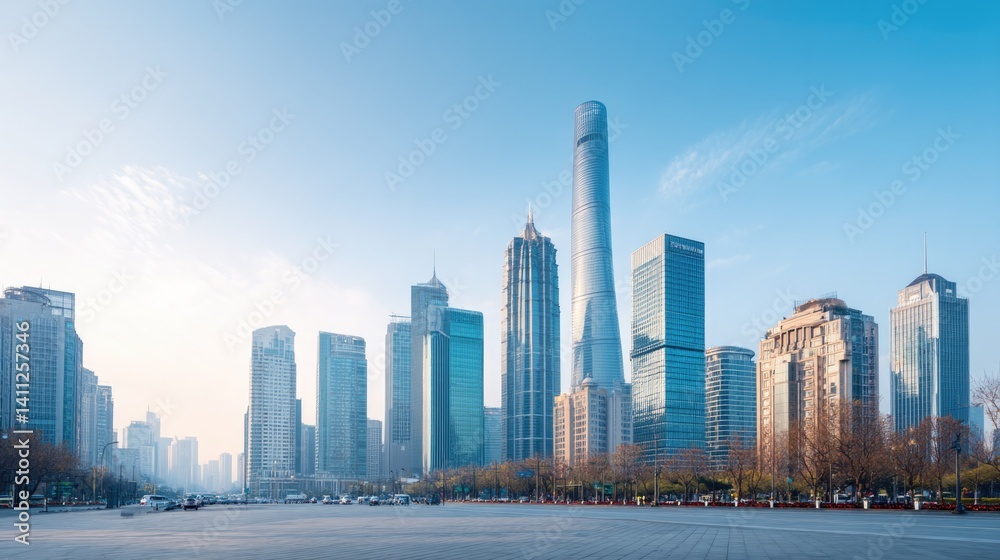 Fototapeta premium bustling cityscape in flourishing emerging market economy with skyscrapers and busy streets under clear sky