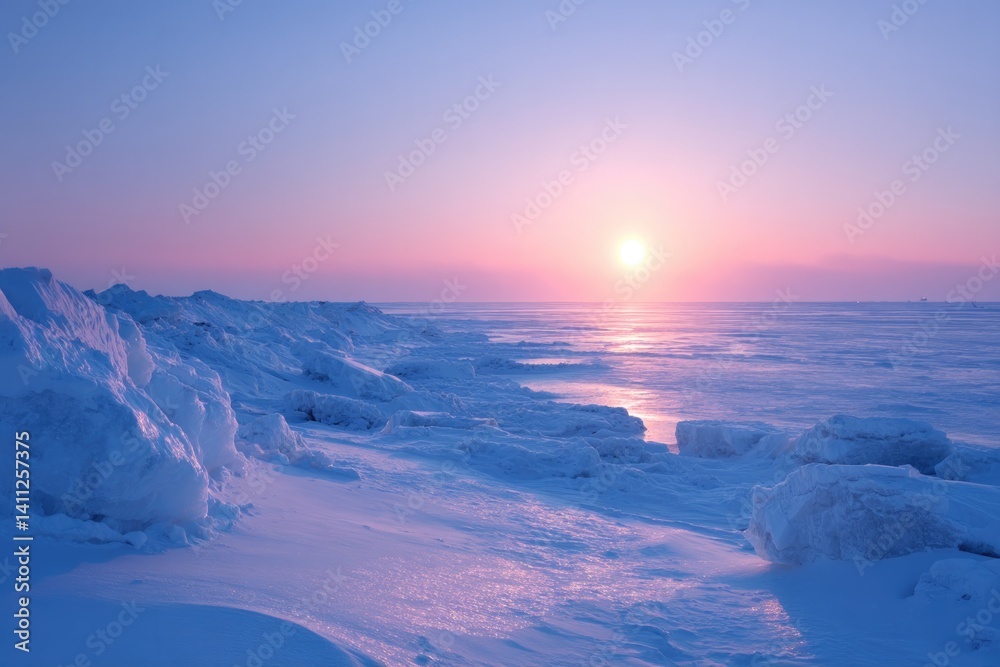 Obraz premium captivating arctic landscape with icy terrain glowing under soft light of polar sun setting on horizon