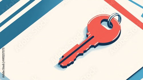 Bright colorful flat icon of signed housing agreement and key symbol, red and...