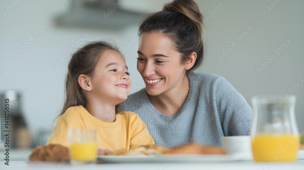Joyful morning breakfast with mother and daughter sharing smiles and delicious food together at home.