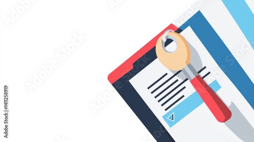 Bright colorful flat icon of signed housing agreement and key symbol, red and...