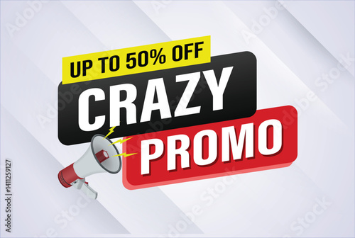 crazy promo sale word mega phone concept vector illustration and 3d style, landing page, template, ui, web, mobile app, poster, banner, flyer, background, gift card, coupon, label, wallpaper

