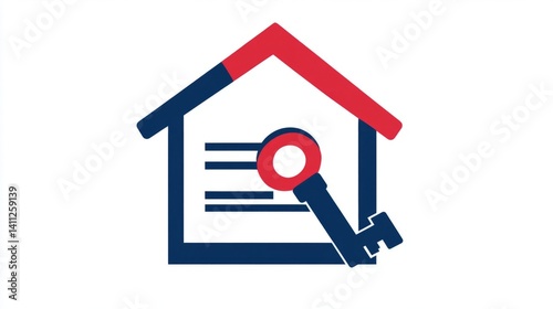Bright colorful flat icon of signed housing agreement and key symbol, red and...