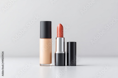 clean image of essential daily makeup products with ample copy space includes foundation lipstick and mascara arranged