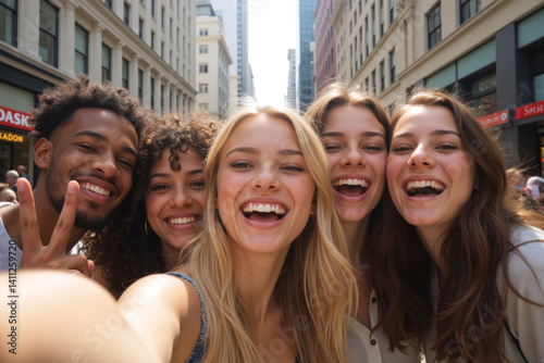Five joyful friends capturing a moment together on a bustling city street.