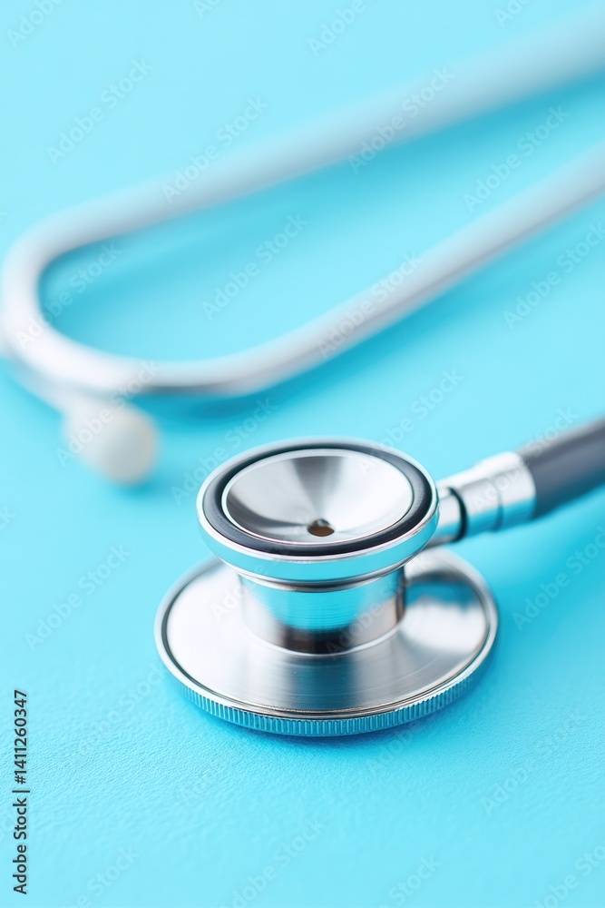 close-up of stethoscope against clear blue background representing cardiology with ample copy space for medical and close-up of stethoscope against clear blue background representing cardiology with ample copy space for medical and