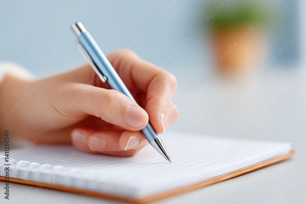 close-up of student hand writing notes with pen on blank notebook page close-up of student hand writing notes with pen on blank notebook page