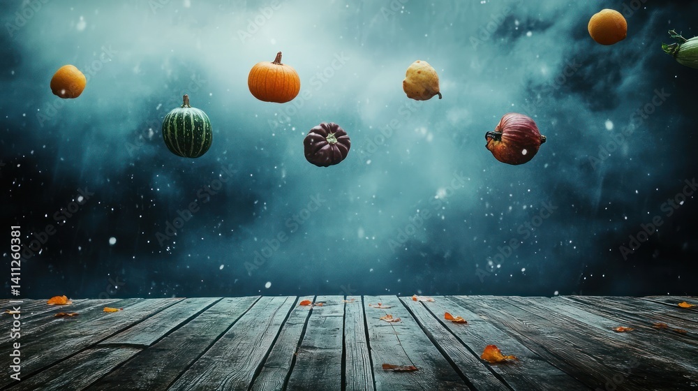 Naklejka premium Falling autumn fruits on wooden deck