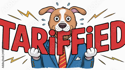 Dog tax humor illustration tariff concept tariffied satire pun funny cartoon puppy biting sign business global trade