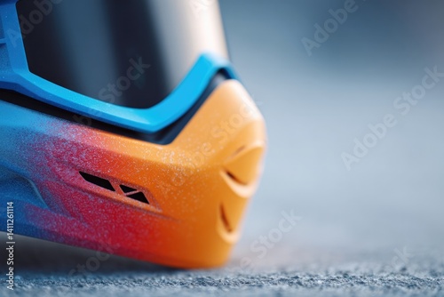 close-up of vibrant paint splashes on paintball mask with copy space for dynamic adventure and thrilling action