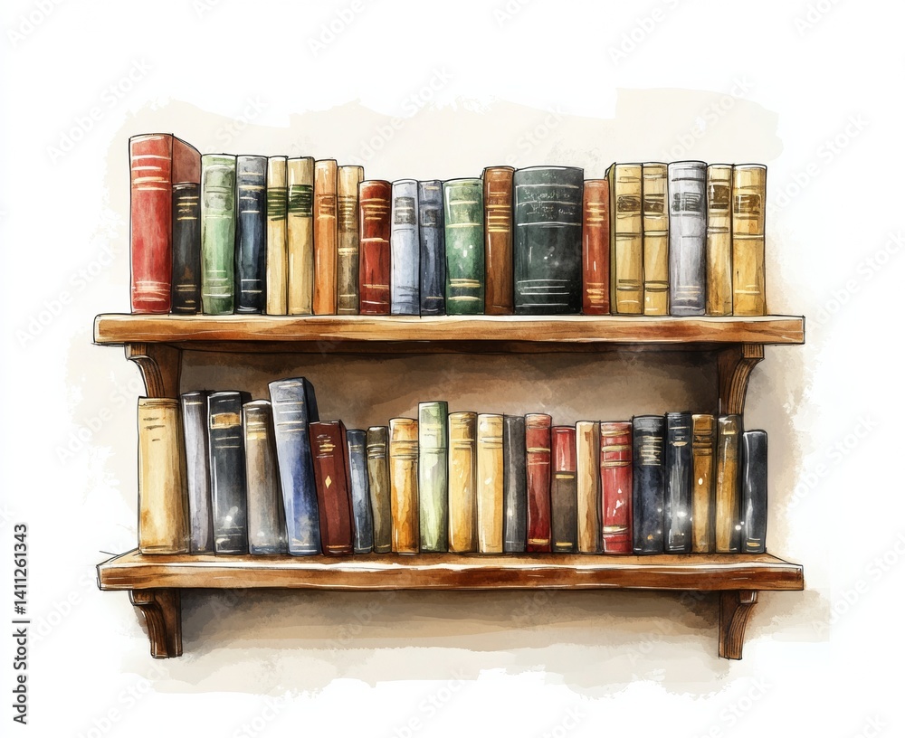 Naklejka premium Library bookshelf display cozy room digital art warm lighting side view literary inspiration isolate on white background