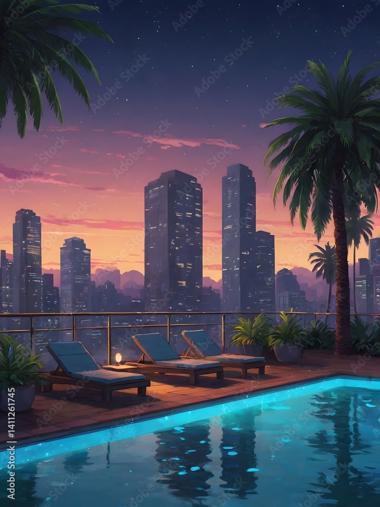 Obraz premium Urban Oasis at Twilight – Anime-Style City Rooftop Pool Wallpaper