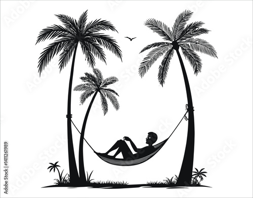 Black and White Hammock Under Palm Trees – Vector Illustration