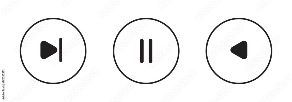 Play button icon. Play, pause, Next and previous symbols. Black and White Play button icon on white background. Vector illustration. Play button icon. Play, pause, Next and previous symbols. Black and White Play button icon on white background. Vector illustration.