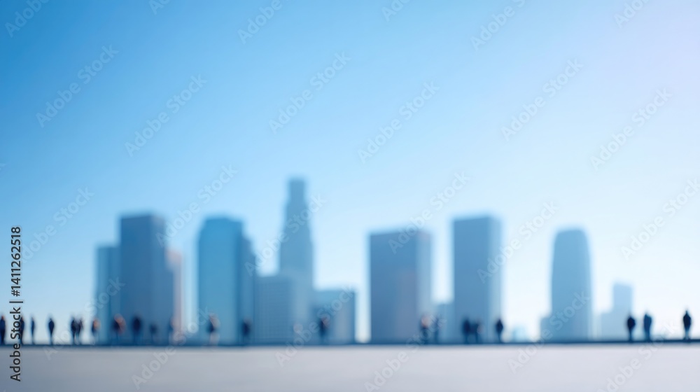 Fototapeta premium frame cityscape with towering skyscrapers against clear blue sky with blurred silhouettes of people beneath creating