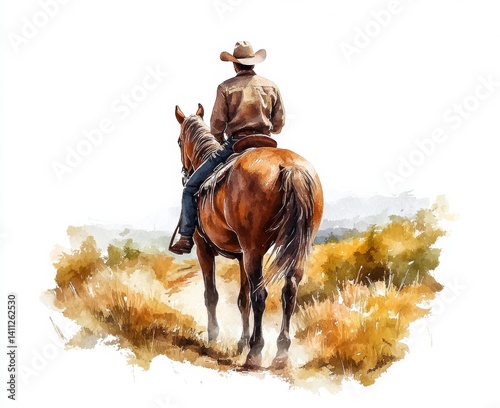 Cowboy riding horse in nature watercolor art countryside landscape outdoor view western concept isolate on white background