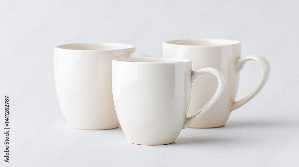 Fototapeta premium isolated ceramic mugs on white background arranged elegantly in minimalistic style with ample copy space