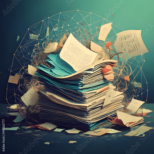 Overwhelmed Huge Stack of Documents and Papers Data Overload Concept