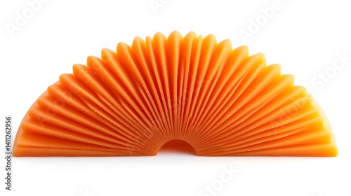 Close-up of a semicircular arrangement of thin, orange slices, resembling a fan or sunburst.  The slices are neatly folded, creating a visually appealing texture and pattern.