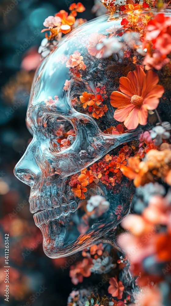 Fototapeta premium A transparent skull surrounded by vibrant flowers, symbolizing the cycle of life and death