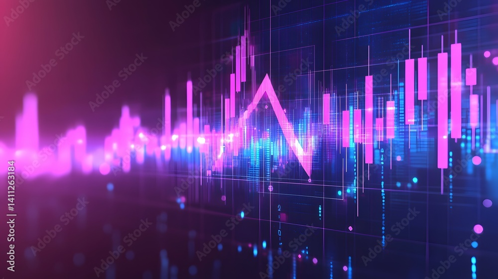Abstract financial data graph with pink and purple colors against a dark background. Abstract financial data graph with pink and purple colors against a dark background.