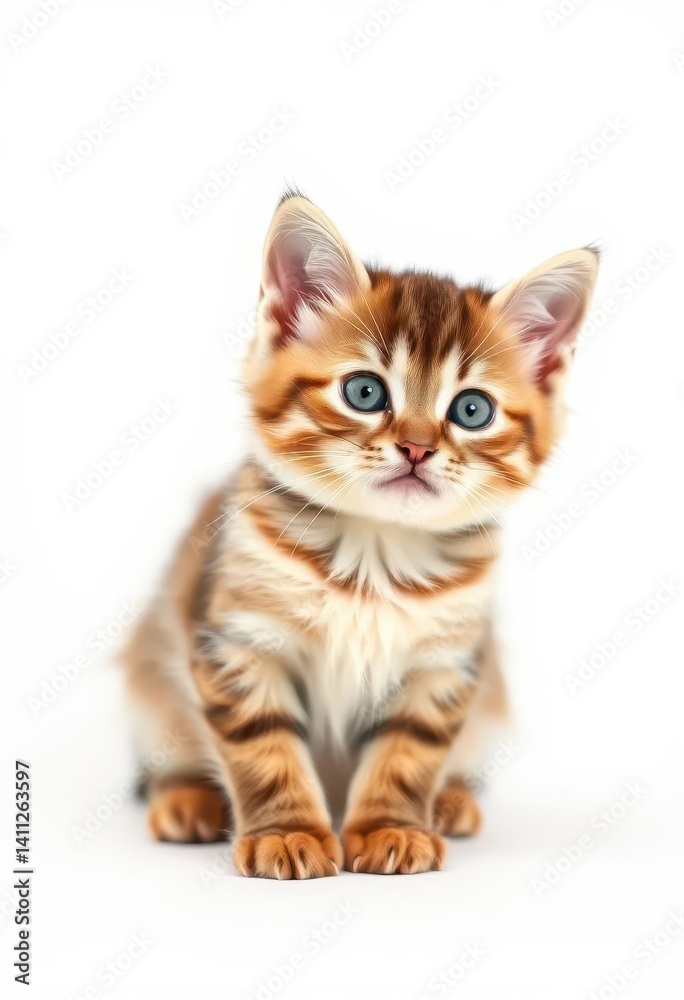 Obraz premium Adorable British Shorthair kitten poses against a pure white backdrop, kitten, British, white background