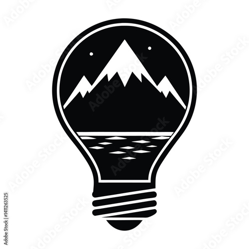 Lightbulb with mountain and river silhouette on white background