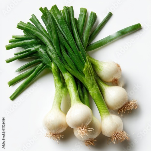 Bunch of scallions, fresh, green on white background