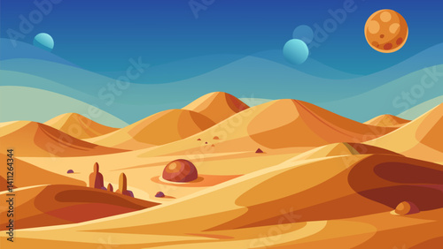 An abstract desert scene with sand dunes that appear to be made of countless nanobots.. Vector illustration