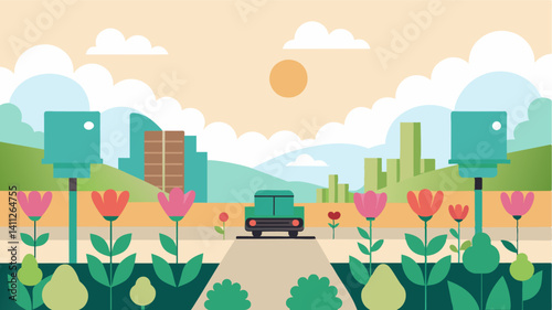 As you approach the pads the gentle hum of electric engines and the scent of fresh flowers in nearby gardens fill the air.. Vector illustration