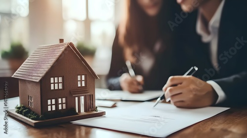 Miniature house on table with people signing document in background.