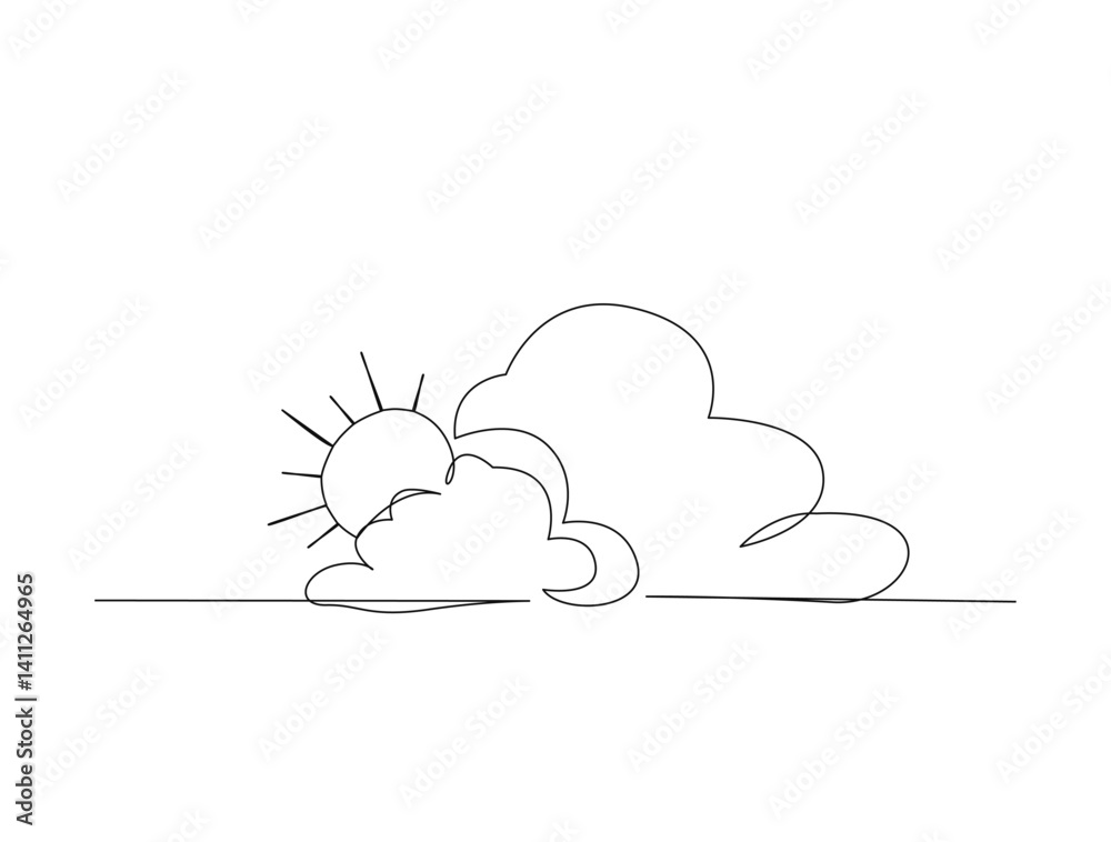 Fototapeta premium clouds with sun in single line draw illustration. Continuous one line drawing of clouds and sun. Editable stroke.
