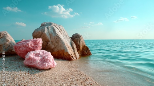 Colorful Beach Rocks on a Tranquil Shoreline by Calm Turquoise Waters Under a Clear Sky