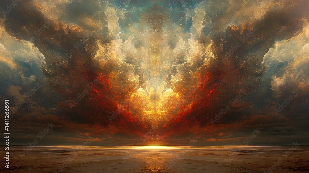 Naklejka premium Fiery Sunset Sky, Symmetrical Clouds