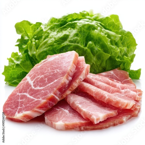 Pork slices and lettuce still life on white background