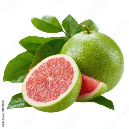Pomelo fruit with leaves still life on white background