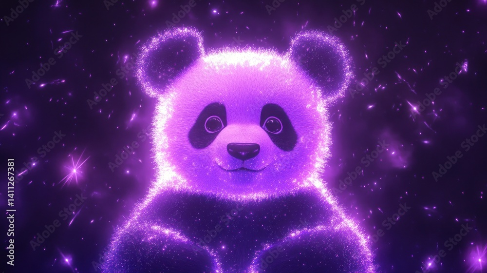 Glowing purple panda, sparkling cosmic design Glowing purple panda, sparkling cosmic design