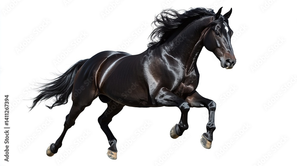 Powerful Black Horse in Dynamic Motion. Speed and Strength on Display. Ideal for Equestrian, Sport, Racing Themes. Perfect for Posters. Powerful Black Horse in Dynamic Motion. Speed and Strength on Display. Ideal for Equestrian, Sport, Racing Themes. Perfect for Posters.