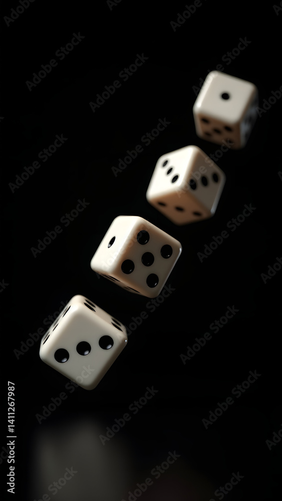 Three dice frozen mid-air in diagonal line, different numbers visible. Black background with side lighting shows perfect trajectory in HD detail. Three dice frozen mid-air in diagonal line, different numbers visible. Black background with side lighting shows perfect trajectory in HD detail.