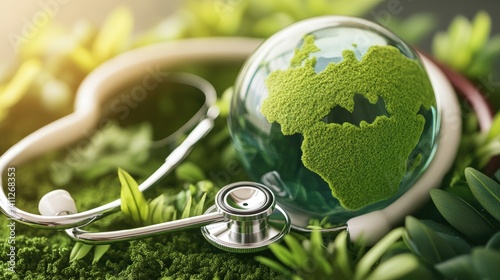 Glass globe on moss demonstrates green Earth surrounded by stethoscope illustrating the link between human health and planetary wellbeing in harmony