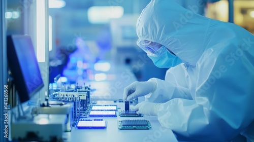 A factory worker in a cleanroom assembling electronic chips. Featuring precision and care