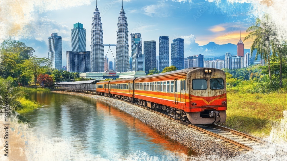 Obraz premium Passenger train runs along a river with city skyline backdrop